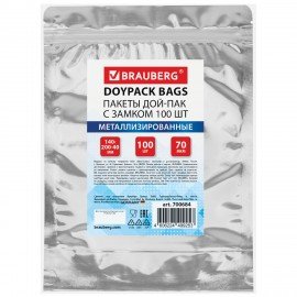 Пакеты Дой-Пак с замком ZIP LOCK, металлизированная + прозрачная стенка 140 х 200 + 40 мм, 100 штук 70 мкм, BRAUBERG, 700684