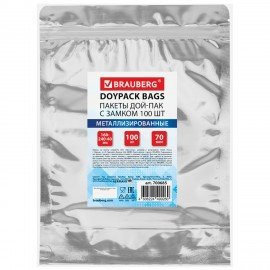 Пакеты Дой-Пак с замком ZIP LOCK, металлизированная + прозрачная стенка 160 х 240 + 40 мм, 100 штук 70 мкм, BRAUBERG, 700685