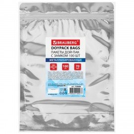 Пакеты Дой-Пак с замком ZIP LOCK, металлизированная + прозрачная стенка 180 х 260 + 40 мм, 100 штук 70мкм, BRAUBERG, 700686