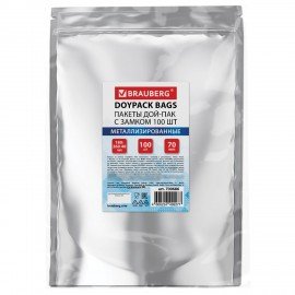 Пакеты Дой-Пак с замком ZIP LOCK, металлизированная + прозрачная стенка 180 х 260 + 40 мм, 100 штук 70мкм, BRAUBERG, 700686