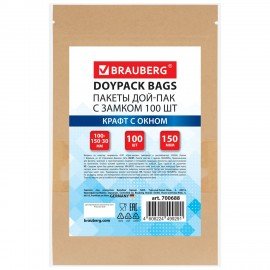 Пакет Дой-Пак с замком ZIP LOCK, крафт с окном 40мм, 100 х 150 + 30 мм, 100 штук 150 мкм, BRAUBERG, 700688