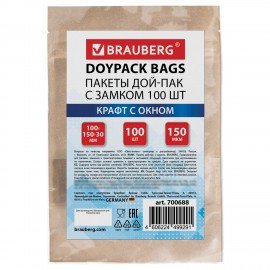 Пакет Дой-Пак с замком ZIP LOCK, крафт с окном 40мм, 100 х 150 + 30 мм, 100 штук 150 мкм, BRAUBERG, 700688