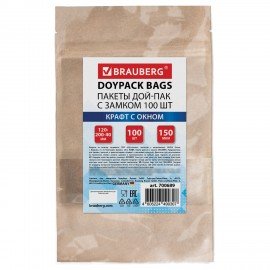 Пакет Дой-Пак с замком ZIP LOCK, крафт с окном 50 мм, 120 х 200 + 40 мм, 100 штук 150 мкм, BRAUBERG, 700689