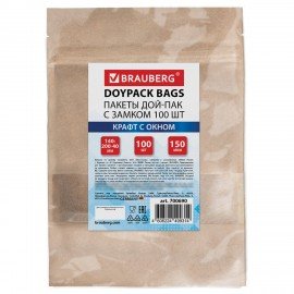 Пакет Дой-Пак с замком ZIP LOCK, крафт с окном 50 мм, 140 х 200 + 40 мм, 100 штук 150 мкм, BRAUBERG, 700690