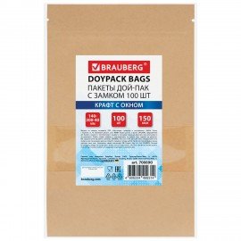 Пакет Дой-Пак с замком ZIP LOCK, крафт с окном 50 мм, 140 х 200 + 40 мм, 100 штук 150 мкм, BRAUBERG, 700690