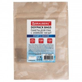 Пакет Дой-Пак с замком ZIP LOCK, крафт с окном 50 мм, 150 х 220 + 40 мм, 100 штук 150 мкм, BRAUBERG, 700691