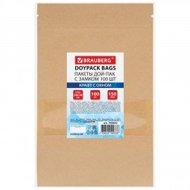 Пакет Дой-Пак с замком ZIP LOCK, крафт с окном 60 мм, 170 х 240 + 40 мм, 100 штук 150 мкм, BRAUBERG, 700692