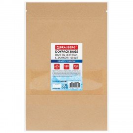 Пакет Дой-Пак с замком ZIP LOCK, крафт с окном 60 мм, 180 х 260 + 40 мм, 100 штук 150 мкм, BRAUBERG, 700693