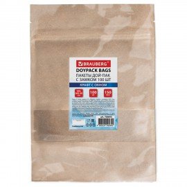 Пакет Дой-Пак с замком ZIP LOCK, крафт с окном 60 мм, 180 х 260 + 40 мм, 100 штук 150 мкм, BRAUBERG, 700693