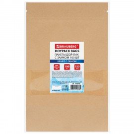 Пакет Дой-Пак с замком ZIP LOCK, крафт с окном 60 мм, 200 х 300 + 50 мм, 100 штук 150 мкм, BRAUBERG, 700694