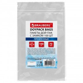 Пакет Дой-Пак с замком ZIP LOCK, прозрачный 120 х 200 + 40 мм, 100 штук 70 мкм, BRAUBERG, 700696