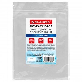 Пакет Дой-Пак с замком ZIP LOCK, прозрачный 140 х 200 + 40 мм, 100 штук 70 мкм, BRAUBERG, 700697