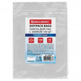 Пакет Дой-Пак с замком ZIP LOCK, прозрачный 140 х 200 + 40 мм, 100 штук 70 мкм, BRAUBERG, 700697