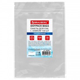 Пакет Дой-Пак с замком ZIP LOCK, прозрачный 160 х 240 + 40 мм, 100 штук 70 мкм, BRAUBERG, 700698
