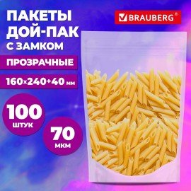 Пакет Дой-Пак с замком ZIP LOCK, прозрачный 160 х 240 + 40 мм, 100 штук 70 мкм, BRAUBERG, 700698