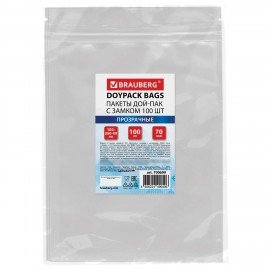 Пакет Дой-Пак с замком ZIP LOCK, прозрачный 180 х 260 + 40 мм, 100 штук 70 мкм, BRAUBERG, 700699