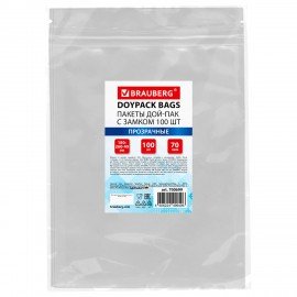 Пакет Дой-Пак с замком ZIP LOCK, прозрачный 180 х 260 + 40 мм, 100 штук 70 мкм, BRAUBERG, 700699