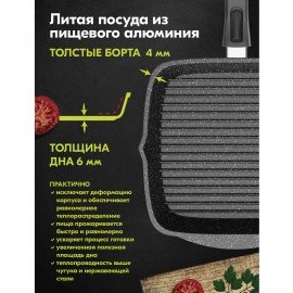 Сковорода ГРИЛЬ квадратная 26 см, съемная soft-touch ручка, крышка, антипригарное покрытие, МЕЧТА "Гранит Black", с066802