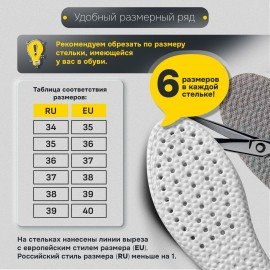 Стельки для обуви АНАТОМИЧЕСКИЕ ДЫШАЩИЕ, материал PU PRO, размер RU 34-39 / EU 35-40, с линиями выреза, SHEGRA (ШЕГРА), 700738