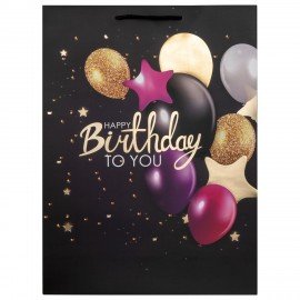 Пакет подарочный (1 штука) 33x13x45см (XL) "Happy Birthday", черный, фольга, ЗОЛОТАЯ СКАЗКА, 700857
