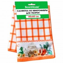 Салфетка из МИКРОФИБРЫ универсальная 40 х 60 см, оранжевая клетка, орнамент, 240г/м2, BOOMHOUSE, 700877