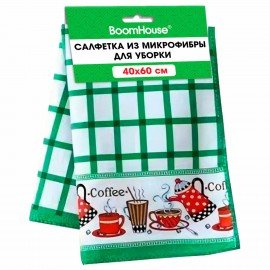 Салфетка из МИКРОФИБРЫ универсальная 40 х 60 см, зеленая клетка, орнамент, 240 г/м2, BOOMHOUSE, 700878