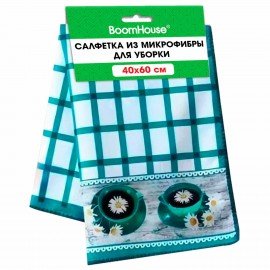 Салфетка из МИКРОФИБРЫ универсальная 40х60см, бирюзовая клетка, орнамент, 240г/м2, BOOMHOUSE, 700879