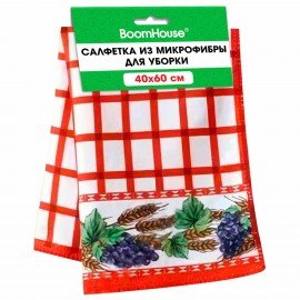 Салфетка из МИКРОФИБРЫ универсальная 40 х 60 см, красная клетка, орнамент, 240 г/м2, BOOMHOUSE, 700880