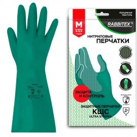 Перчатки нитриловые КЩС ULTRA STRONG химически устойчивые, с хлопковым напылением, зеленые, р-р 8-8,5, M (средн) RABBITEX (РАББИТЕКС) 700911
