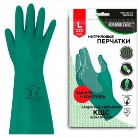 Перчатки нитриловые КЩС ULTRA STRONG химически устойчивые, с хлопковым напылением, зеленые, р-р 9-9,5, L (больш) RABBITEX (РАББИТЕКС) 700912