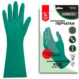 Перчатки нитриловые КЩС ULTRA STRONG химически устойчивые, с хлопковым напылением, зеленые, р-р 9-9,5, L (больш) RABBITEX (РАББИТЕКС) 700912