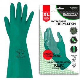 Перчатки нитриловые КЩС ULTRA STRONG химически устойчивые, с х/б напылением, зеленые, р-р 10-10,5 XL (оч больш) RABBITEX (РАББИТЕКС) 700913