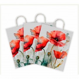 Крафт пакет бумажный Маки 22х12х25см с кручеными ручками, плотность 100 гр/м2, белый,, 114171