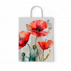 Крафт пакет бумажный Маки 22х12х25см с кручеными ручками, плотность 100 гр/м2, белый,, 114171