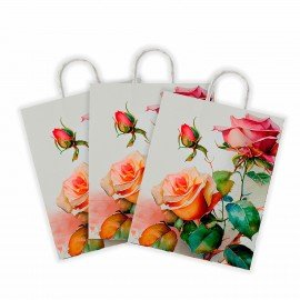 Крафт пакет бумажный Розы 22х12х25см с кручеными ручками, плотность 100 гр/м2, белый,, 114164
