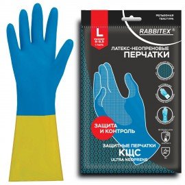 Перчатки неопрен КЩС ULTRA NEOPRENE химически устойчивые, с х/б напылением, цвет сине-желтый, размер 9-9,5 (L-большой), RABBITEX, 701115