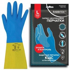 Перчатки неопрен КЩС ULTRA NEOPRENE химически устойчивые, с х/б напылением, цвет сине-желтый, размер 9-9,5 (L-большой), RABBITEX, 701115