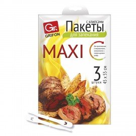Пакеты для запекания с клипсами MAXI, 45 х 55 см, 15 мкм, 3 шт, GRIFON, ШК2129, 101-212