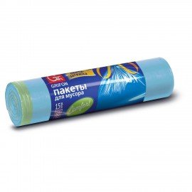 Мешки для мусора 60л синие с завязками в рулоне 15 шт, ПНД, 60х70 см, 14мкм,GRIFON, ШК0637, 101-063