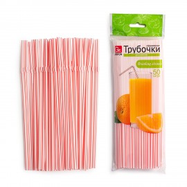 Трубочки для коктейлей гофрированные пластиковые 5х210мм, белые с кр/полоской, 50 шт, GRIFON, ШК0505, 105-050