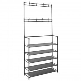 Полка для обуви с крючками для одежды BOOMHOUSE (БУМХАУС) SH-005 (1685х800х260 мм), 5 полок, 8 крючков, металл/пластик, черная, 701449