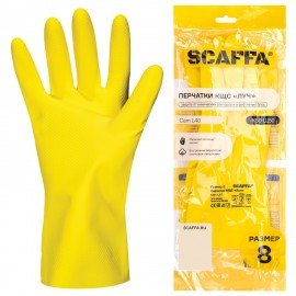 Перчатки латексные SCAFFA Луч, КЩС, хлопчатобумажное напыление, р. 8, M, желтые, шк 8, 00-01017717