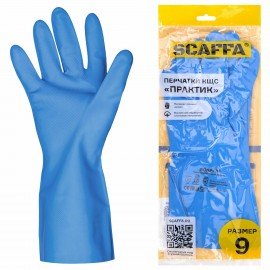 Перчатки нитриловые SCAFFA Практик, КЩС, хлопчатобумажное напыление, р. 9, L, синие,, 00-01017722