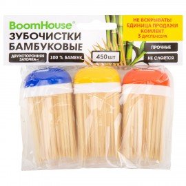 Зубочистки бамбуковые 450 штук, КОМПЛЕКТ 3 диспенсера по 150 штук, BOOMHOUSE, 701947