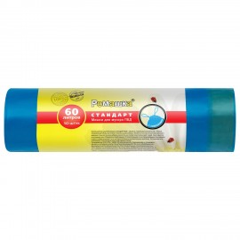 Мешки для мусора с завязками 60л синие, в рулоне 10шт, ПВД 25 мкм, 60х68 см, РОМАШКА,, ЗВС6010С