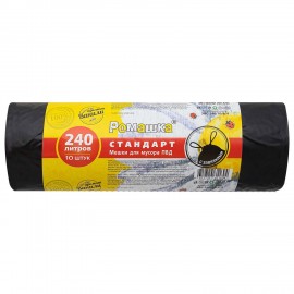 Мешки для мусора с завязками 240л черные в рулоне 10шт ПВД 30мкм 110х115 см РОМАШКА З, ЗВС-240/10/8/Ч