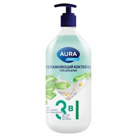 Гель для душа 3в1 для тела, рук и ванны 1л AURA FAMILY "Увлажняющий коктейль", дозатор, 14953