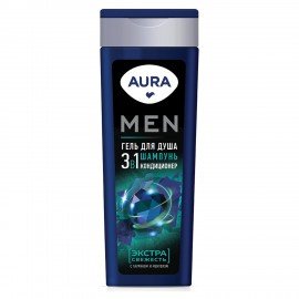 Гель для душа 3в1 шампунь+кондиционер 380 мл AURA MEN "Экстра Свежесть", 13919