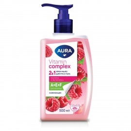 Мыло жидкое 2в1 для рук и тела 500 мл AURA Vitamin Complex "Малина и витамины", 13356