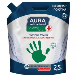 Мыло жидкое антибактериальное для всей семьи 2,5л AURA ANTIBACTERIAL "Алоэ вера", дой-пак, 13767